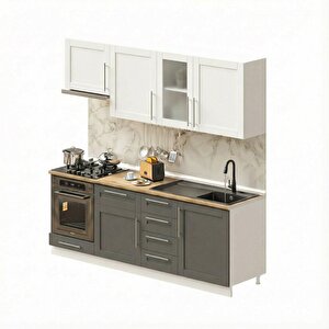 Pia Beyaz-antrasit 225 Cm Beyaz Aspiratör Ve Fırın Modüllü Meşe Tezgahlı Hazır Mutfak Pba-225asp-mt 225 cm