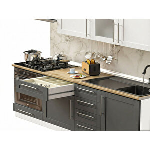 Dekorex Pia Beyaz-antrasit 225 Cm Beyaz Aspiratör Ve Fırın Modüllü Meşe Tezgahlı Hazır Mutfak Pba-225asp-mt