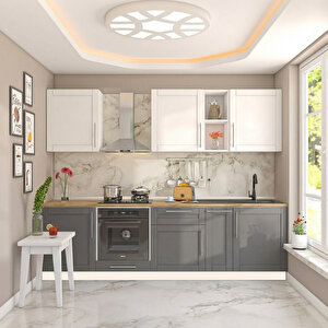 Pia Beyaz-antrasit 270 Cm Beyaz Fırın Modüllü Meşe Tezgahlı Hazır Mutfak Pba-270dav-mt 270 cm