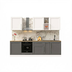 Pia Beyaz-antrasit 270 Cm Beyaz Fırın Modüllü Meşe Tezgahlı Hazır Mutfak Pba-270dav-mt 270 cm