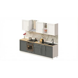 Pia Beyaz-antrasit 270 Cm Beyaz Fırın Modüllü Meşe Tezgahlı Hazır Mutfak Pba-270dav-mt 270 cm