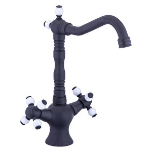 Siyah Koç Porselen Taşlı Tombul Se Kuğu Lavabo Bataryası