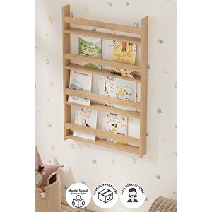 4 Raflı 120 X 74 Cm Montessori Kitaplık Eğitici Çocuk Kitaplığı Safir Meşe