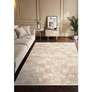 Vogue?vg003a Bej Gri Modern Renk Desen 100?tarak Viskon Salon Halısı İpek Serisi 100x300 cm