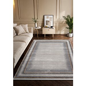 Vogue?vg006g Gri Çerçeveli Modern Renk Desen 100?tarak Viskon Salon Halısı İpek Serisi 100x200 cm