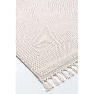 Rölyef Joy Krem Kaymaz Taban Kesme Halı Yolluk Pon Pon 100x300 cm
