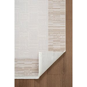 Jade Jd007b Bej Halı Modern Çerçeve Desenli Triko Akrilik Pamuk Tabanlı Kaymaz Salon Halısı