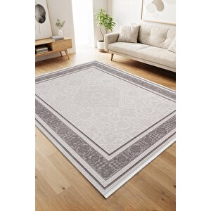 Jade Jd005g Gri Halı Klasik Çerçeve Desenli Triko Akrilik Pamuk Tabanlı Kaymaz Salon Halısı Koridor 80x300 cm