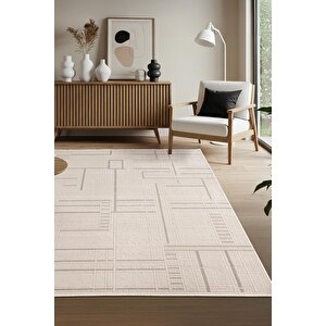 Leon Ln004a Krem Halı Modern Desen Pamuk Taban Akrilik Tozuaz Salon Yatak Odası Koridor Halısı 80x150 cm