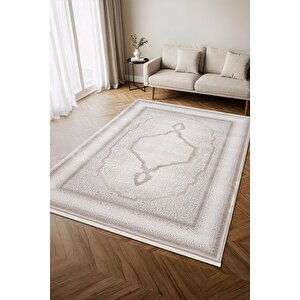 İndigo Id001g Krem Klasik Çerçeveli Desen Akrilik Iplik Tozuaz Pamuk Taban Salon Mutfak Halısı 80x150 cm
