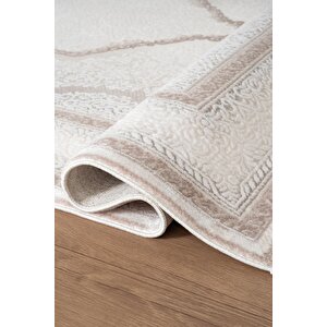 İndigo Id001g Krem Klasik Çerçeveli Desen Akrilik Iplik Tozuaz Pamuk Taban Salon Mutfak Halısı