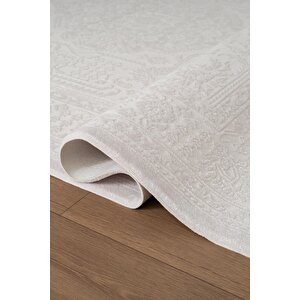 Jade Jd006w Beyaz Halı Klasik Desenli Triko Akrilik Pamuk Tabanlı Kaymaz Salon Yatak Odası Halısı 100x300 cm