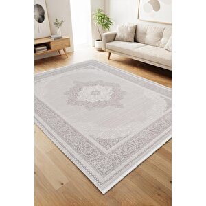 Jade Jd004g Gri Halı Klasik Çerçeve Desenli Triko Akrilik Pamuk Tabanlı Kaymaz Yumuşak Salon Halısı 160x230 cm
