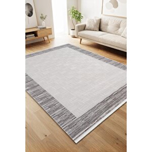 Jade Jd003g Gri Halı Modern Çerçeve Desenli Triko Akrilik Pamuk Tabanlı Kaymaz Yumuşak Salon Halısı 80x300 cm