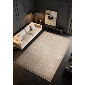 Art At002s Sarı Geometrik Desen Modern Halı Triko Akrilik Viskon Boyama Yüksek Sıklık Ipek Serisi 100x300 cm