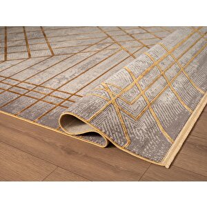 Art At002s Sarı Geometrik Desen Modern Halı Triko Akrilik Viskon Boyama Yüksek Sıklık Ipek Serisi 100x300 cm