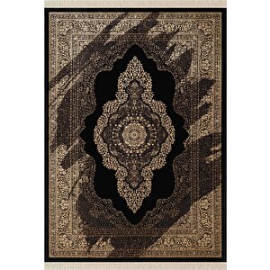 Diamente Dm002s Siyah Çerçeveli Göbekli Klasik Desen 100 Tarak Bambu Viskon Renkli Halı İpek Serisi 100x300 cm