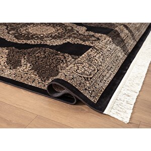 Diamente Dm002s Siyah Çerçeveli Göbekli Klasik Desen 100 Tarak Bambu Viskon Renkli Halı İpek Serisi 100x300 cm