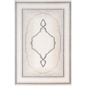 İndigo Id001m Krem Mavi Klasik Çerçeveli Desen Akrilik İplik Tozuaz Pamuk Taban Salon Mutfak Halısı 80x150 cm