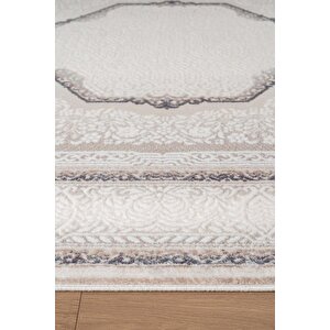 İndigo Id001m Krem Mavi Klasik Çerçeveli Desen Akrilik İplik Tozuaz Pamuk Taban Salon Mutfak Halısı 80x150 cm