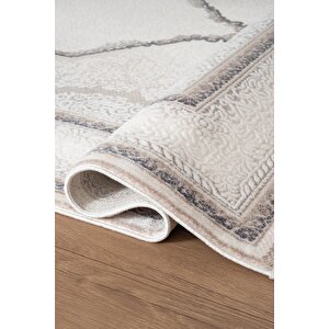 İndigo Id001m Krem Mavi Klasik Çerçeveli Desen Akrilik İplik Tozuaz Pamuk Taban Salon Mutfak Halısı