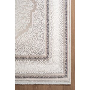 İndigo Id001m Krem Mavi Klasik Çerçeveli Desen Akrilik İplik Tozuaz Pamuk Taban Salon Mutfak Halısı