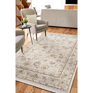 Etro Et003a Krem Klasik Modern Çerçeveli Etnik Desen Parlak Ağır Salon Halısı İpek Serisi 100x200 cm