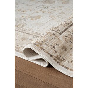 Etro Et003a Krem Klasik Modern Çerçeveli Etnik Desen Parlak Ağır Salon Halısı İpek Serisi 100x200 cm