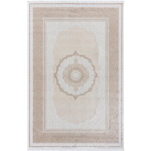 Elit El002a Krem Halı Toprak Kenar Çerçeveli Göbekli Ince Yumuşak Akrilik Tozuaz Modern Salon Halısı 80x300 cm