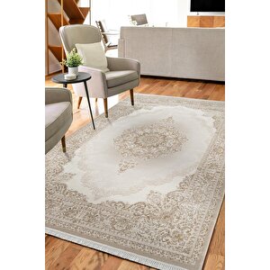 Etro Et005s Bej Klasik Göbekli Desen Parlak Ağır Yüksek Sıklıkta Salon Halısı İpek Serisi 120x180 cm