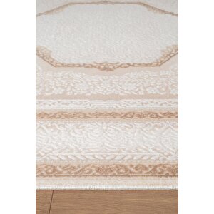 İndigo Id001k Krem Kahve Klasik Çerçeveli Desen Akrilik Iplik Tozuaz Pamuk Taban Salon Mutfak Halısı 80x150 cm