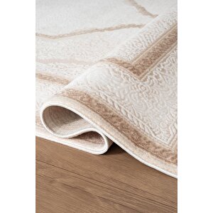 İndigo Id001k Krem Kahve Klasik Çerçeveli Desen Akrilik Iplik Tozuaz Pamuk Taban Salon Mutfak Halısı