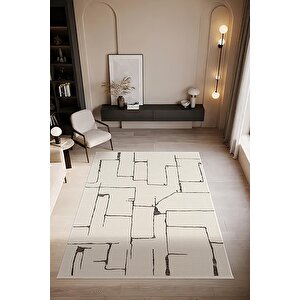 Look Black Lb004w Krem Halı Siyah Dekoratif Çizgili Modern Desen Akrilik Yumuşak Tozuaz Salon Halısı 80x150 cm