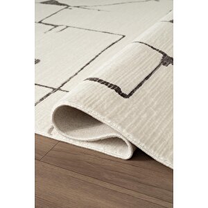 Look Black Lb004w Krem Halı Siyah Dekoratif Çizgili Modern Desen Akrilik Yumuşak Tozuaz Salon Halısı 80x150 cm