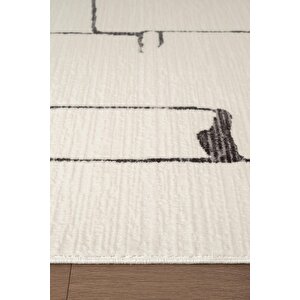 Look Black Lb004w Krem Halı Siyah Dekoratif Çizgili Modern Desen Akrilik Yumuşak Tozuaz Salon Halısı