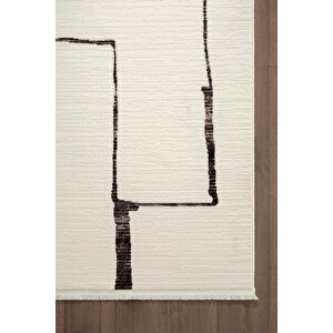 Look Black Lb004w Krem Halı Siyah Dekoratif Çizgili Modern Desen Akrilik Yumuşak Tozuaz Salon Halısı
