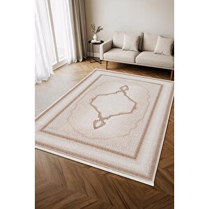 İndigo Id001k Krem Kahve Klasik Çerçeveli Desen Akrilik Iplik Tozuaz Pamuk Taban Salon Mutfak Halısı 100x200 cm