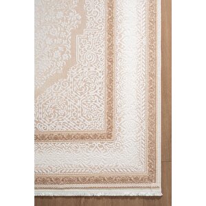 İndigo Id001k Krem Kahve Klasik Çerçeveli Desen Akrilik Iplik Tozuaz Pamuk Taban Salon Mutfak Halısı