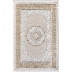 Elit El002s Krem Halı Gold Kenar Çerçeveli Göbekli Ince Yumuşak Akrilik Tozuaz Modern Salon Halısı 80x300 cm