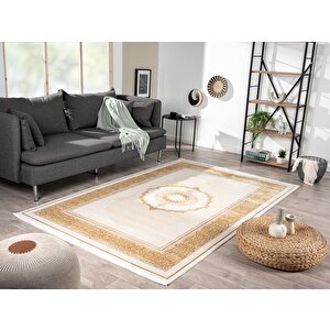 Elit El002s Krem Halı Gold Kenar Çerçeveli Göbekli Ince Yumuşak Akrilik Tozuaz Modern Salon Halısı 80x300 cm