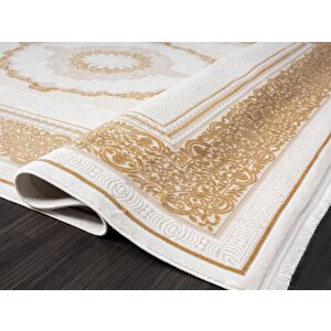 Elit El002s Krem Halı Gold Kenar Çerçeveli Göbekli Ince Yumuşak Akrilik Tozuaz Modern Salon Halısı