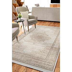 Etro Et004b Krem Klasik Çerçeveli Göbekli Desen Parlak Ağır Salon Halısı İpek Serisi 100x300 cm