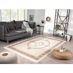 Elit El005a Krem Halı Toprak Detaylı Göbekli Kenar Çerçeveli Ince Yumuşak Akrilik Tozuaz Modern 80x300 cm