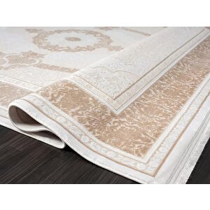 Elit El005a Krem Halı Toprak Detaylı Göbekli Kenar Çerçeveli Ince Yumuşak Akrilik Tozuaz Modern