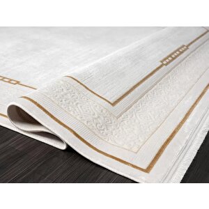 Elit El006s Krem Halı Gold Detaylı Kenar Çerçeveli Ince Yumuşak Akrilik Tozuaz Modern Salon Halısı