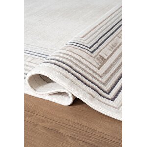 İndigo Id005m Krem Mavi Klasik Çerçeveli Desen Akrilik İplik Tozuaz Pamuk Taban Salon Mutfak Halısı