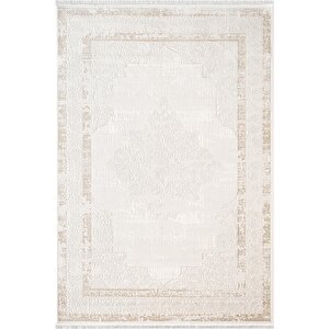 Etro Et001w Krem Klasik Modern Çerçeveli Göbekli Desen Parlak Ağır Salon Halısı İpek Serisi 100x200 cm