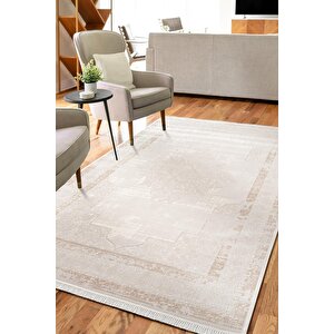 Etro Et001w Krem Klasik Modern Çerçeveli Göbekli Desen Parlak Ağır Salon Halısı İpek Serisi 100x200 cm