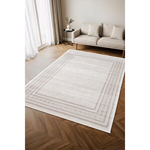 İndigo Id002g Krem Gri Klasik Çerçeveli Desen Akrilik İplik Tozuaz Pamuk Taban Salon Mutfak Halısı 80x150 cm