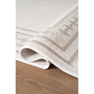 İndigo Id002g Krem Gri Klasik Çerçeveli Desen Akrilik İplik Tozuaz Pamuk Taban Salon Mutfak Halısı